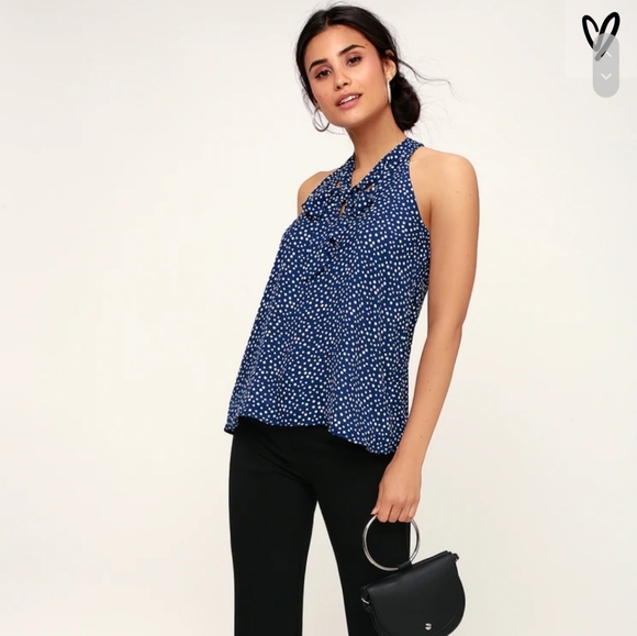 Lulus Tops - Lulu's Navy Blue Polka Dot Tie-Neck Sleeveless Top